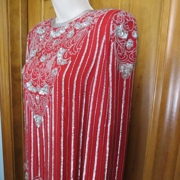 VTG Neiman Marcus Red Top Silver Sequins & Beading Silk Size Med Flaw - Picture 3 of 11